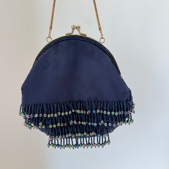 Unbranded Handbags - Vintage Navy Blue Satin Beaded Fringe Evening Bag Iridescent Oil Slick Kiss Lock
